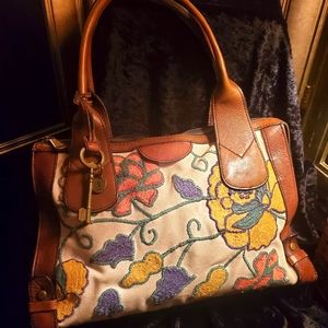 Fossil Floral Embroidered Canvas Satchel-RARE